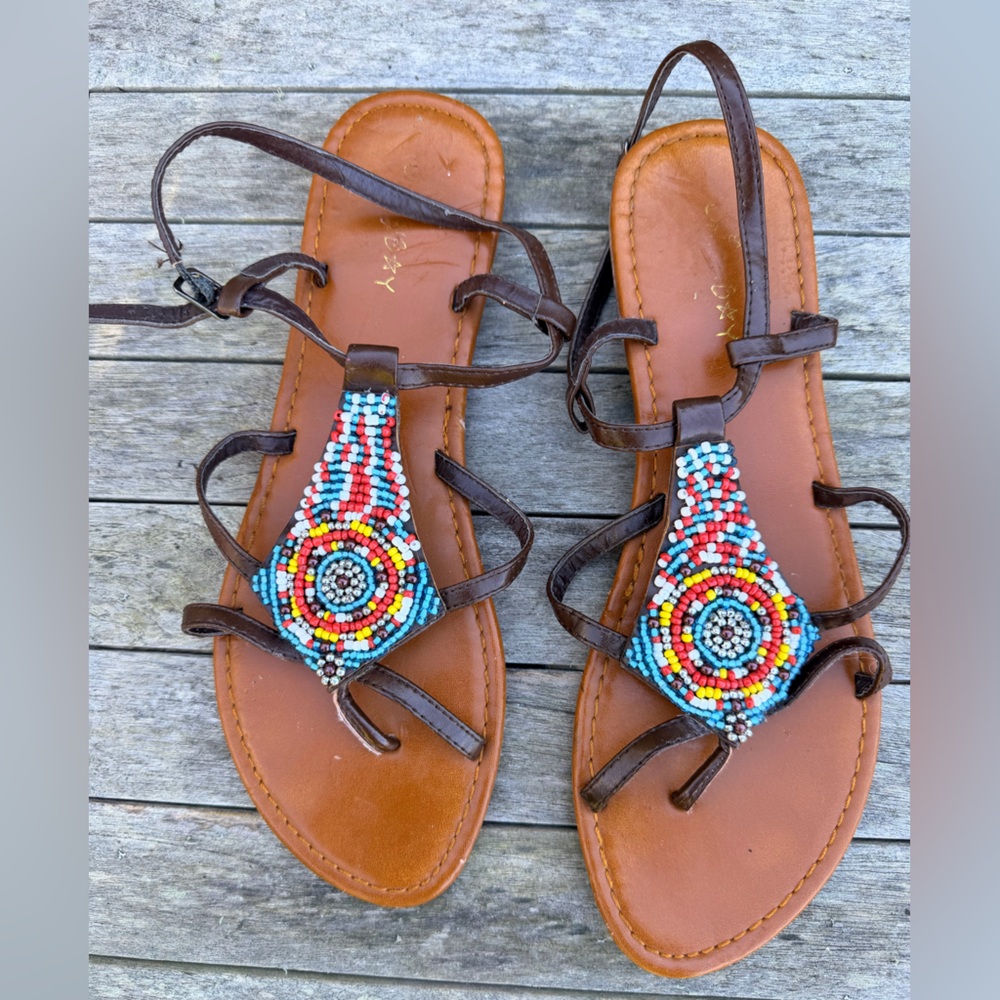 Beaded Brown Flat Sandals